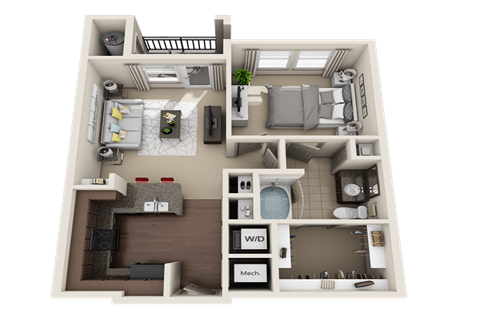 A 3D floor plan of a small apartment with a kitchen, living room, and bathroom.